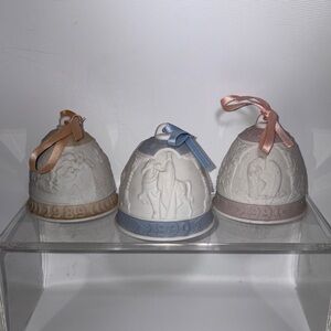 Lladro Christmas 1989, 1990, 1991 Bells Ornaments Bisque Porcelain Set of 3